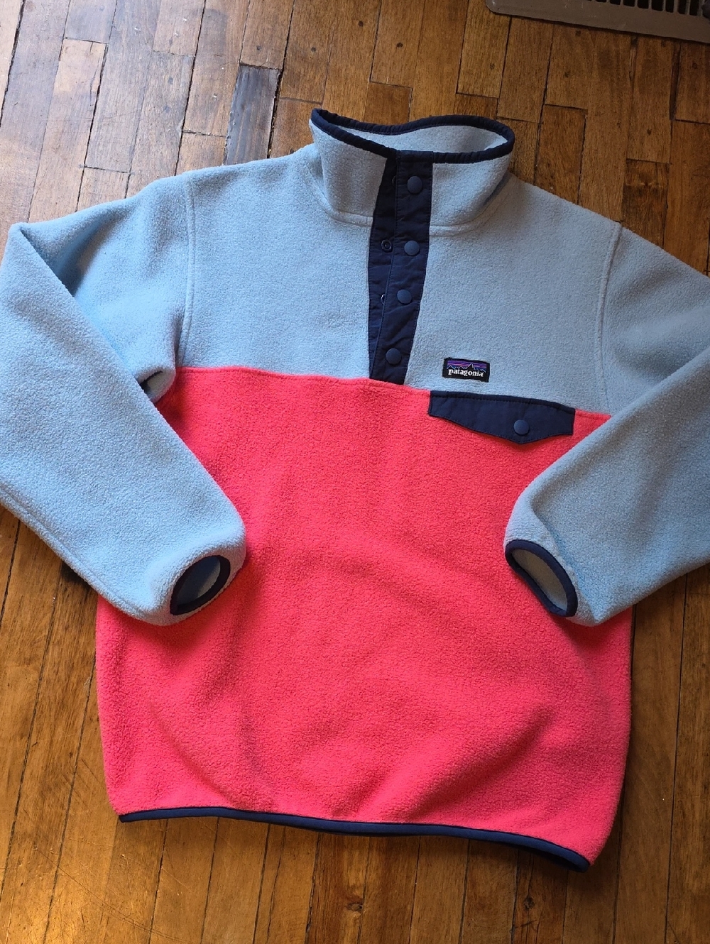Patagonia Two-Tone Snap Pullover Fleece - Light Blue & Coral Pink